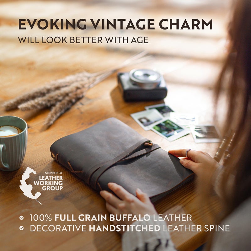 MOONSTER Leather Scrapbook & Photo Album â€“ Handcrafted Full Grain Buffalo Leather Scrapbook Keepsake Photo Book with Strap â€“ Vintage Gift Picture Album for Memories & Classic Photo Albums - Image 2